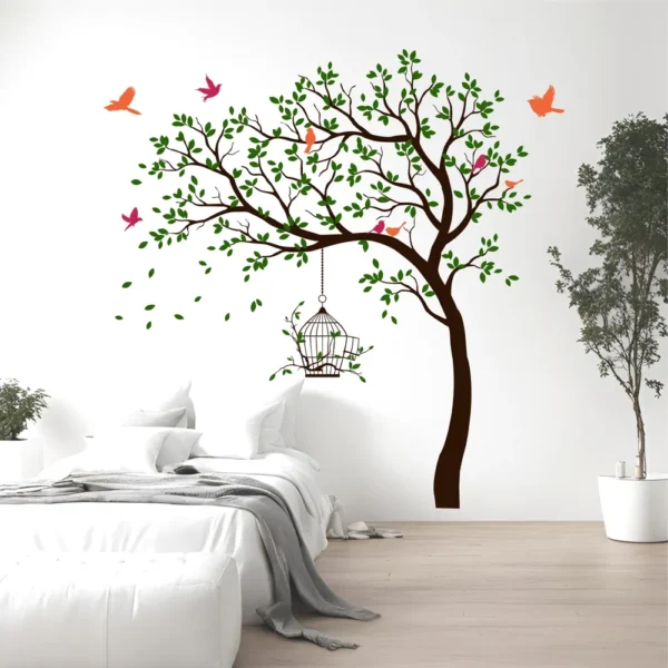 Artistic green tree with birdcages wall sticker RPC2596T38