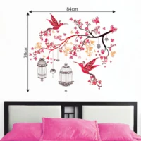 Beautiful wall sticker of a floral branch with red birds butterflies and lamps RPCFS6032T50