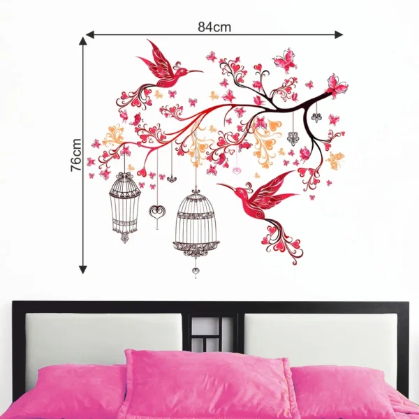 Beautiful wall sticker of a floral branch with red birds butterflies and lamps RPCFS6032T50