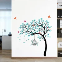 Birds and cage on a blue tree wall sticker RPC2154T50