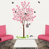 Birds and cage with pink tree design wall decal RPC2109