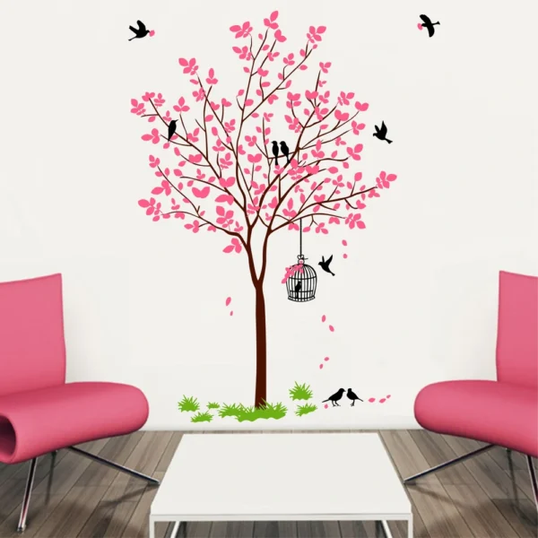 Birds and cage with pink tree design wall decal RPC2109