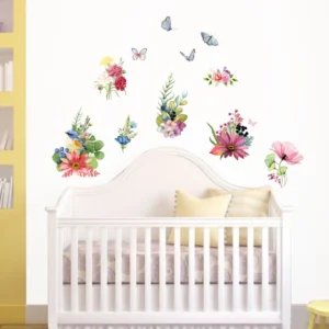 Colorful butterflies and birds among flowers wall sticker RPC2354