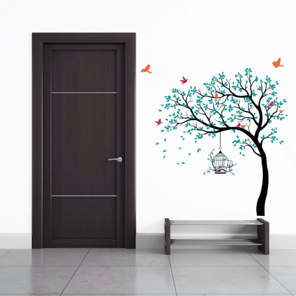 Decorative blue tree with cage wall decal RPC2154T50