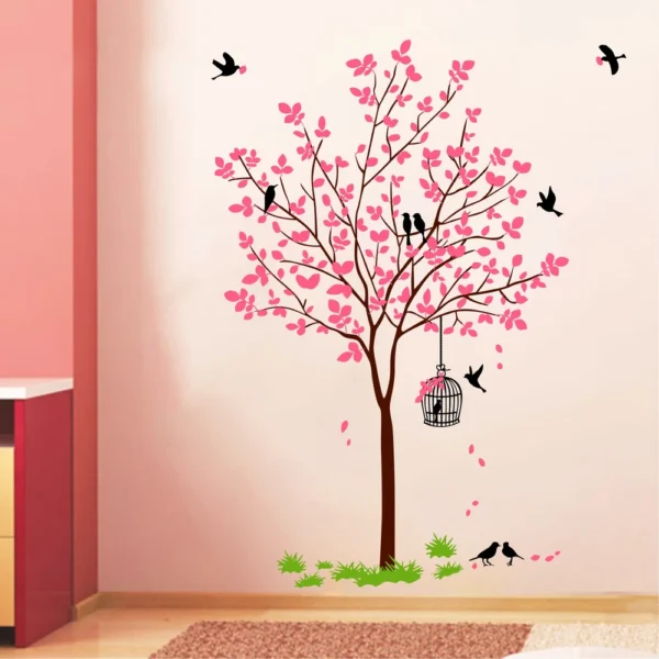 Pink tree with birds and nest wall sticker RPC2109