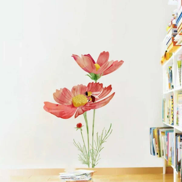 Vibrant red flower and bee wall sticker RPC304