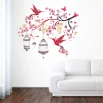 Wall sticker featuring red birds butterflies and lamps on a floral branch RPCFS6032T50