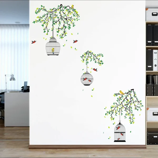 Wall sticker of a colorful birdcage hanging in a garden RPCFS6037T50