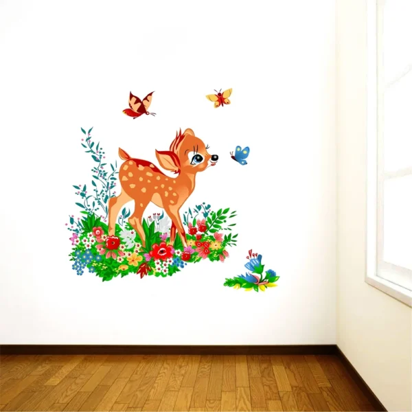 Wall sticker of a deer surrounded by butterflies in a jungle setting RPCFS6010T50