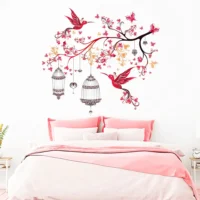 Wall sticker of a floral branch with red birds butterflies and lamps RPCFS6032T50
