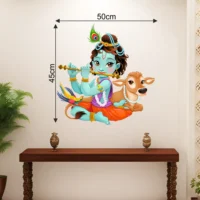 Wall sticker of krishna in blue with his darling calf by his side RPCFS6045