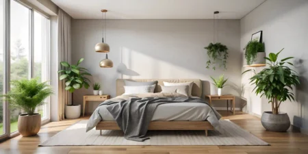 bedroom with bed plant corner