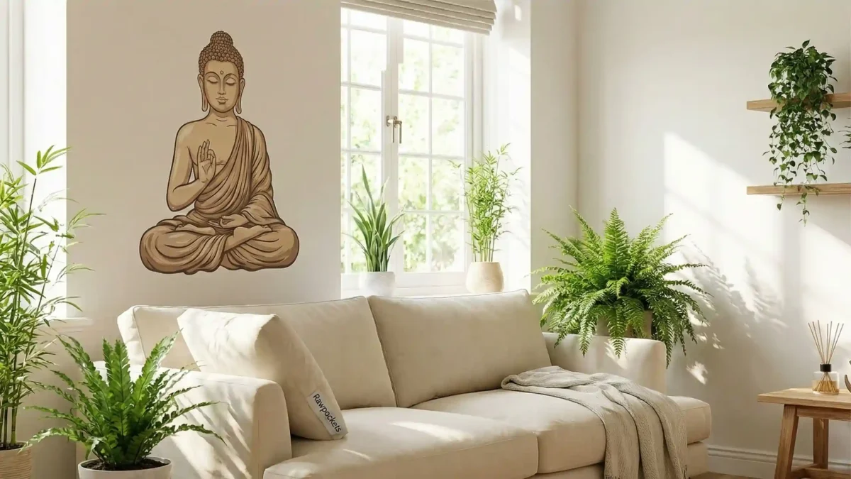 buddha wall sticker in cozy living room