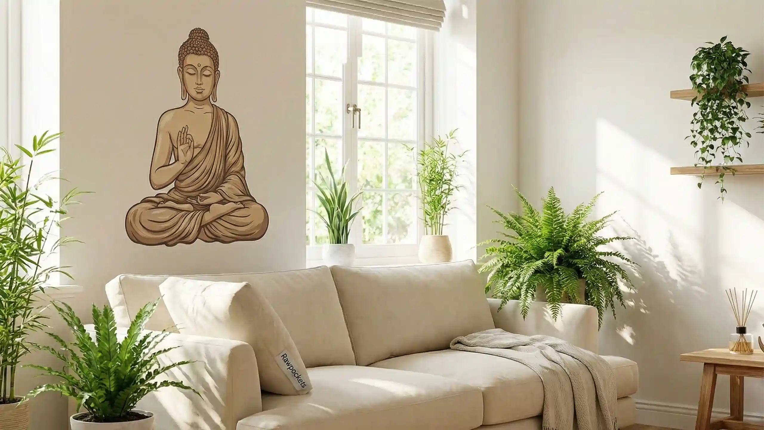 buddha wall sticker in cozy living room