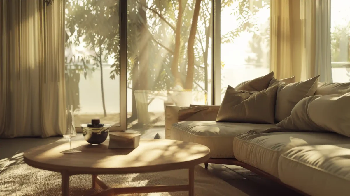 cozy living room flooded with morning sunlight highlighting modern minimalist design relaxing ambiance suitable for tree wall decals